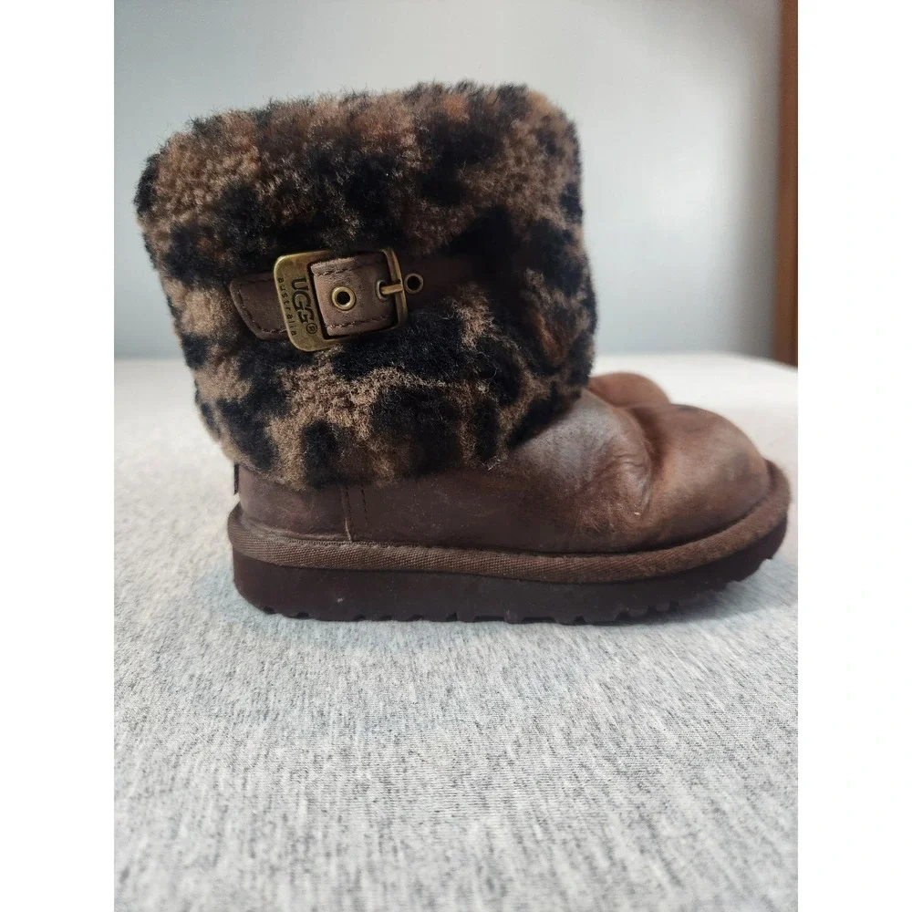 UGG Boots Kids Size 10 Brown Leopard Print Leather Buckle Winter Boots